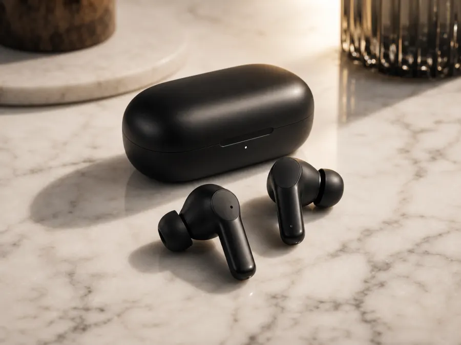 Generated product campaign preview with black earbuds